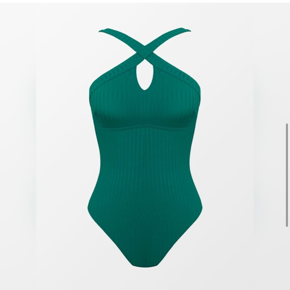NWOT CUPSHE Green Ribbed 1PC Cut-Out Criss Cross Front SZ: S - Picture 6 of 8